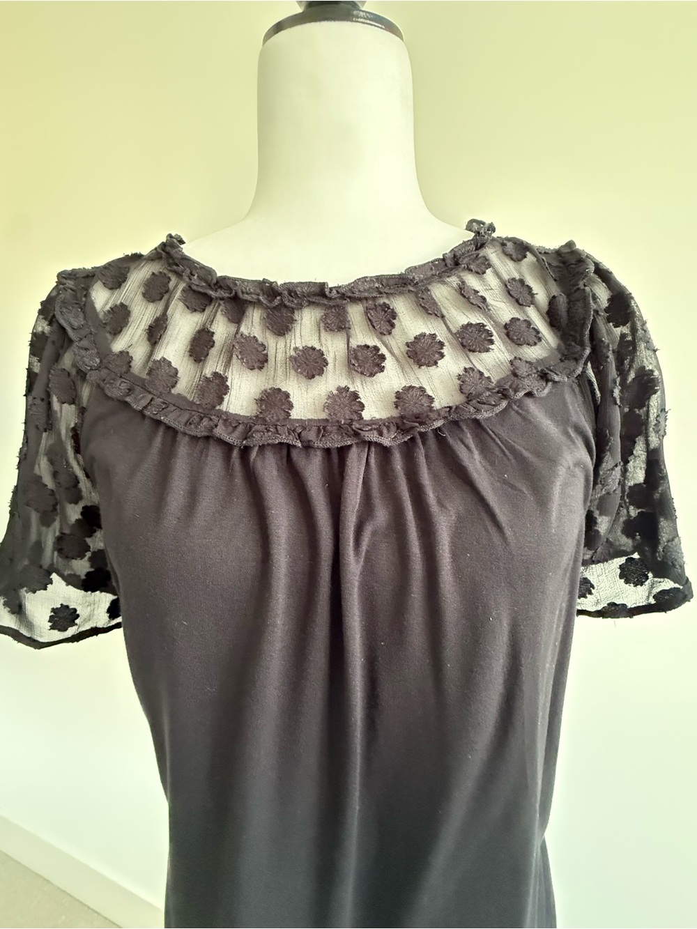 LOFT Black Swiss Dot Yoke Short Sleeve Blouse